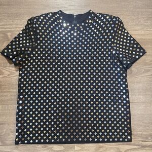 St.John Shirt M Black Knit Gold Silver Sequin Shoulder Pads Blouse Glam Vintage